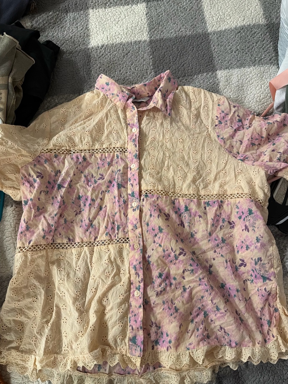Miss Selfridge Cream Blouse with Pink, Purple & Green Splatter Print